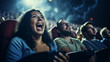 Moviegoers reacting to a thrilling scene on screen, blurred background