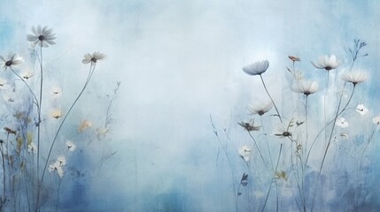  a painting of white flowers on a blue background with a sky background.  generative ai