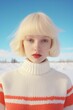 © Glittering Humanity - Effortlessly chic and captivating, a blonde goddess embraces the winter sky in her white sweater and bold red lips, a fashion doll brought to life amidst the snowy outdoor landscape