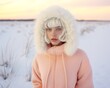 © Glittering Humanity - A stunning winter portrait of a beautiful woman in a pink coat with a white fur hood, braving the cold outdoors as she stands against the snowy sky, exuding effortless fashion