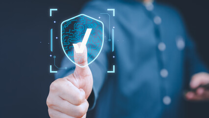 Poster - User hand show the warranty identity proof icon for security protection system on virtual screen. Quality assurance of business service. Certified guarantee approval or secure access system concept.