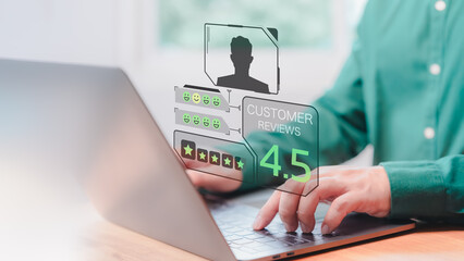 Aufkleber - Male member using a computer laptop in give rating to service experience assessment on application to the shops. Online customer service review satisfaction feedback survey and testimonial.