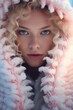 © Glittering Humanity - A stunning winter portrait of a fashion-forward woman wrapped in a cozy pink and white blanket, her curly blonde hair framing her face, elegance and warmth with her luxurious fur and stylish clothing