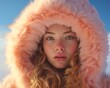 © Glittering Humanity - A stunning girl with a fiery spirit dons a luxurious pink fur hood against the crisp winter sky, her portrait radiating with fierce fashion and bold beauty