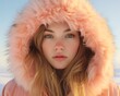 © Glittering Humanity - A stunning woman embraces the winter chill with grace, her pink fur hood blending seamlessly with the sky as she exudes a fierce and fashionable aura in her parka and ushanka, standing confidently