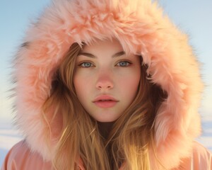 Wall Mural - A stunning woman embraces the winter chill with grace, her pink fur hood blending seamlessly with the sky as she exudes a fierce and fashionable aura in her parka and ushanka, standing confidently