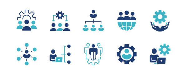 set of human resource organization management with gear setting icon set teamwork structure hierarchy leadership diagram employee network symbol illustration