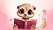  a raccoon is reading a book with a pink background.  generative ai