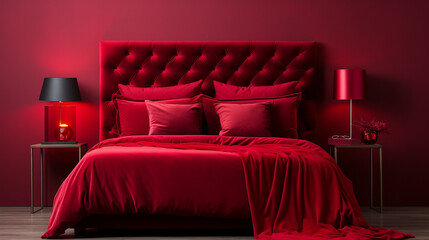 Wall Mural - King size bed with red vintage style cover sheet UHD wallpaper Stock Photographic Image