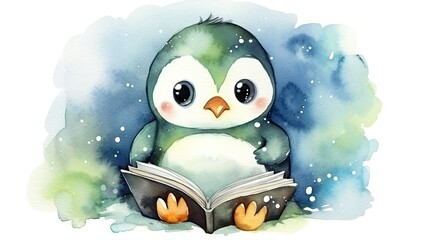 Wall Mural -  a penguin reading a book in the snow with a blue background.  generative ai