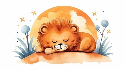 Wall Mural -  a watercolor painting of a lion sleeping on a rock.  generative ai
