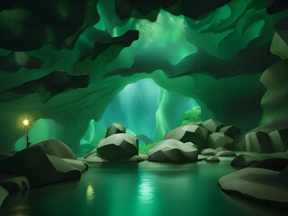 Canvas Print - green cave in the mountain. 3d illustration.