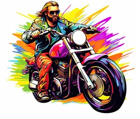 Wall Mural -  a drawing of a man riding a motorcycle on a colorful background.  generative ai