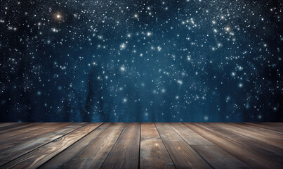 wooden floor with snow falling from the sky