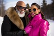 © Glittering Humanity - An eccentric older couple in funky fur coats and stylish sunglasses brave the winter chill with smiles as they stand under the snowy sky, their fashionable parkas and goggles