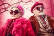 © Glittering Humanity - A funky and eccentric older couple dressed in vibrant pink and red winter attire, the man sporting goggles and the woman donning funky eyewear, stands under a tree in bold and fashion outdoor costume