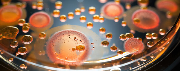 macro close-up of a petri dish with bacteria colonies growing. background for microbiology science a