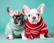 Snuggled up in matching christmas sweaters, these two precious fawn-colored bulldog puppies warm our hearts with their cozy indoor fashion sense