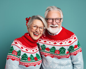 An elderly couple radiates joy and holiday spirit as they pose in their festive sweaters, their warm smiles and glasses reflecting the cozy indoor setting adorned with christmas decorations