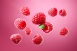 Advertisement studio banner with fresh raspberries flying in the air with splashes of water and steam on pastel gradient background. Food ingredient levitation.