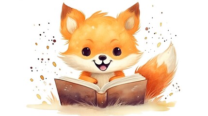 Wall Mural -  a little fox is reading a book and smiling at the camera.  generative ai