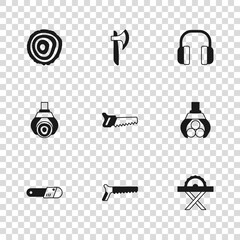 Set Hand saw, Grapple crane grabbed log, Electric circular, Headphones, Tree rings, Wooden axe and icon. Vector