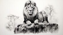  A Black And White Drawing Of A Lion Sitting On A Rock.  Generative Ai