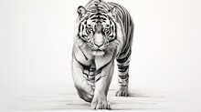  A Black And White Drawing Of A Tiger On A White Background.  Generative Ai