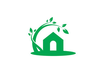 Wall Mural - home nature with green color logo design, house with leaf combination symbol vector illustration