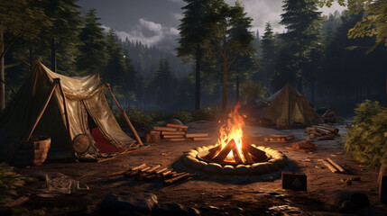 night camp with a tent and campfire, on a starry night and a moon. mountains in the background. camp