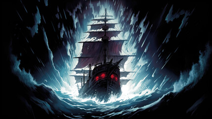 Wall Mural - Pirate ship in the ocean. Fantasy illustration