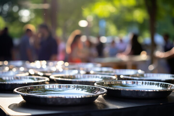 The close up detail of silver metallic trays or dishes lined up neatly on an outdoor wooden table for a garden party, blurry background. Generative AI.