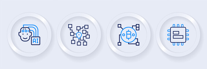 Poster - Set line Processor CPU, Blockchain technology Bitcoin, Neural network and Humanoid robot icon. Vector