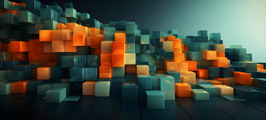 Gradient and lilac blocks with neon lines and glowing background futuristic illustration abstract 3d geometric shapes, cyberspace technology concept business web design Generative AI