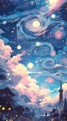 Wall Mural - Hand drawn cartoon anime beautiful night starry sky illustration
