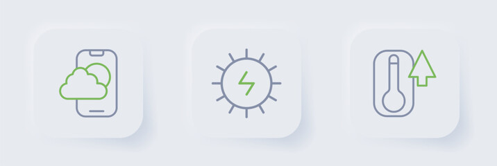 Poster - Set line Thermometer, Solar energy panel and Weather forecast app icon. Vector