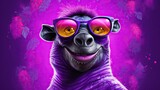 Fototapeta Natura -  a purple monkey with sunglasses and a purple background with leaves.  generative ai