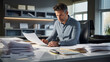 © Studio Nova - Businessman hands working in Stacks of paper files for searching information on work desk in office, business report papers.