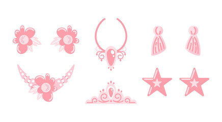  A set of pink plastic accessories for a doll. star earrings, tassels and flowers, necklaces, diadem or tiara. For stickers, posters, postcards, design elements