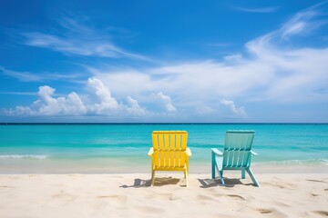 Poster - Two beach chairs on tropical vacation at sea