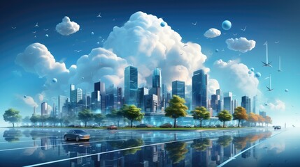 Social networking city and town with automation car on the world symbols moving from buildings to cloud using wifi. Vector illustration, penology, communication, generation, modern, generate by AI