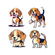 Cute cool beagle puppy set. Collection of dog in various poses and actions. Vector illustration of domestic pet behavior