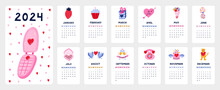Cute Calendar Template For 2024 Year With Creative Romantic Illustrations. Calendar Grid With Weeks Starts On Monday For Kids Nursery, Corporate Design. Vertical Monthly Calender Layout For Planning