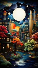 Wall Mural - A painting of a city at night with a full moon. AI image.