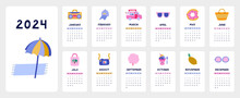 Cute Calendar Template For 2024 Year With Tropical Summer Illustrations. Calendar Grid With Weeks Starts On Monday For Kids Nursery Or Corporate Design. Vertical Monthly Calender Layout For Planning