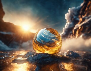 abstract background with a glass of water abstract background with a glass of water 3d illustration - a beautiful landscape of an abstract background with a sphere and the sun, the sun and a beautiful