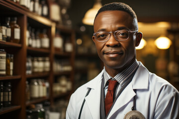 African pharmacist doctor stands on background of shelves with drugs in pharmacy