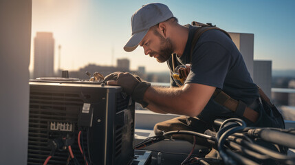 Canvas Print - Air Conditioning Repair, repairman on the rooftop fixing air conditioning system.