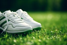 Close-up Of Sports Shoes On Green Grass, Prepared For The Important Match. Generative AI