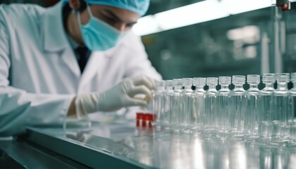 Canvas Print - “Pharmaceutical factory production line featuring hand with sanitary gloves checking medical vials and working pharmaceutical machine for glass bottles